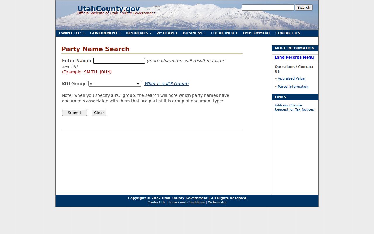 Utah County people search through the Recorder party-name form